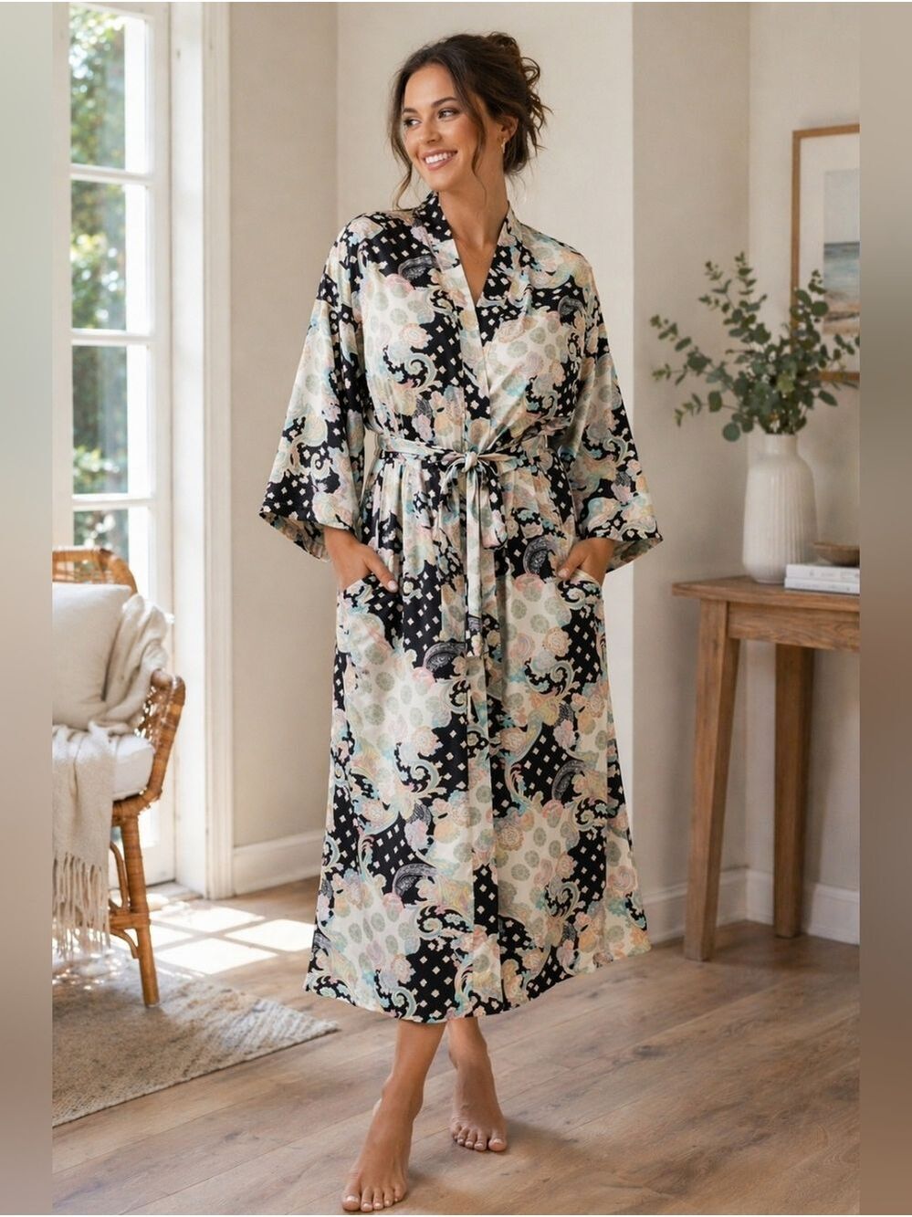 Natori Women’s Kimono Robe Medium NWOT Paisley Floral Wrap Belted Lounge